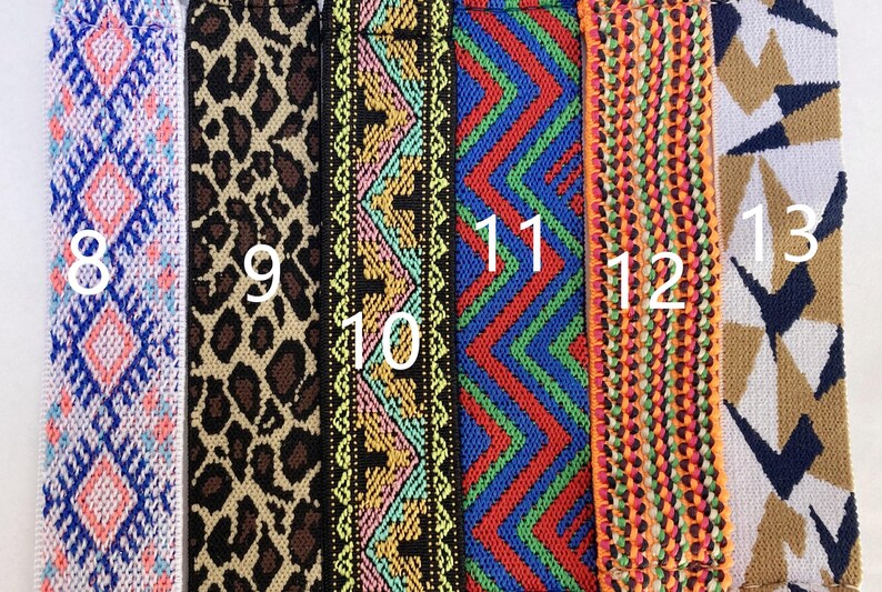 May include: A collection of colorful woven straps with various patterns. Designs include geometric shapes, animal print, and zigzags. The straps are in shades of blue, pink, green, orange, and brown.