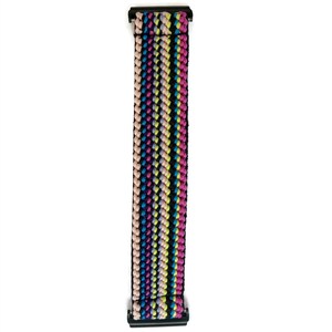 May include: A colourful striped woven watch band with black metal clasps. The band is made of a soft, stretchy material and features a variety of colours, including pink, blue, green, and yellow.
