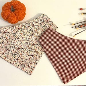 May include: Two triangular pet bandanas. One bandana features a cream background with a dense pattern of tiny multicolored flowers in shades of orange, brown, and green. The second bandana has a classic dark red and white gingham check pattern.