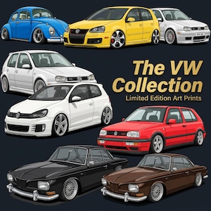 Puede incluir: Una colección de ilustraciones de coches Volkswagen que incluye un Beetle azul, modelos Golf GTI amarillos y blancos, un Golf rojo y coupés Karmann Ghia negros y marrones. El texto dice The VW Collection Limited Edition Art Prints.