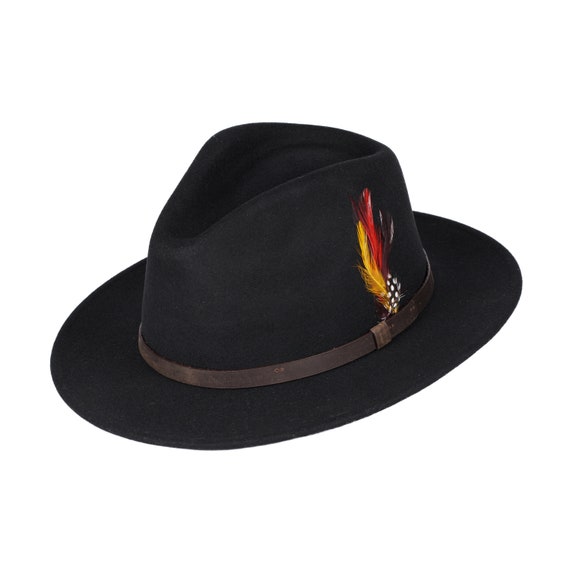 Black Wool Felt Fedora Hat With Feather Trim Size Medium 