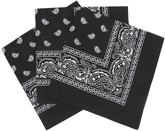Black Pack of 3 Paisley Print Bandanas Headband Scarf 100%Cotton Paisley Pattern Bandana Head / Neck Scarf  Face Cover UK SELLER