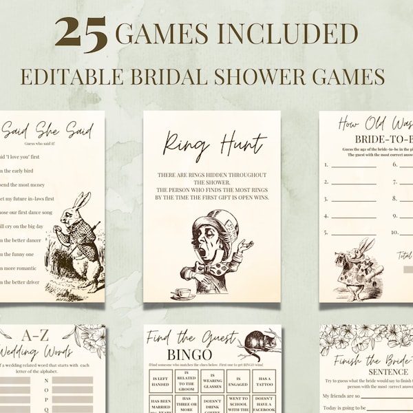 Alice in Wonderland Bridal Shower Games, Vintage Alice in Wonderland Games Bundle , Editable Alice in Wonderland Bridal Shower Games