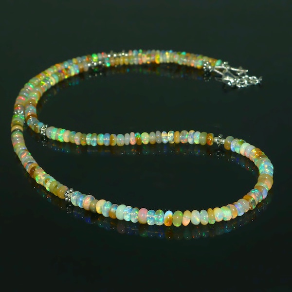 Ethiopian Opal Necklace | Ethiopian Opal Jewelry | 17" Opal Gemstone Necklace | Real Opal | Smooth rondelle Beads | Handmade Jewelry Sale