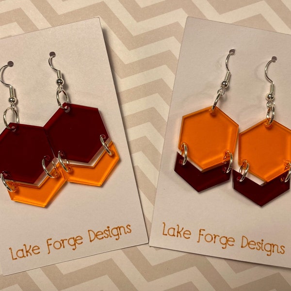 Virginia Tech Colors Hokie Acrylic Geometric Hexagon Chevron Earrings - Two Options - Orange and Maroon or Maroon and Orange - Dangle Style