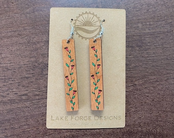 Floral Vine Cherry Hardwood Earrings - Laser Engraved and Hand Painted - Boho Modern Minimalist Style