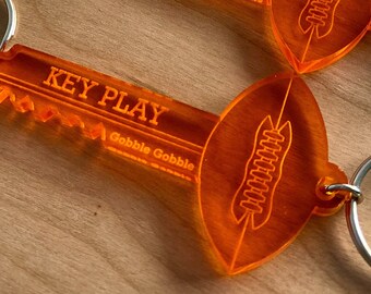 Key Play Football Game Keychain - Virginia Tech Hokies - Gobble Gobble - in Laser Cut Orange Acrylic