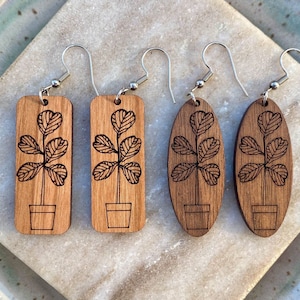 Fiddle Leaf Fig Ficus Lyrata Laser Cut Wood Earrings - Natural Cherry Rectangle or Walnut Oval Dangle Earrings - Houseplant Earrings