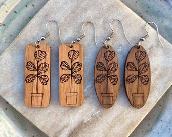 Fiddle Leaf Fig Ficus Lyrata Laser Cut Wood Earrings - Natural Cherry Rectangle or Walnut Oval Dangle Earrings - Houseplant Earrings