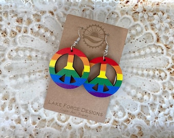Rainbow peace symbol hippie dangle earrings. Show your support of LGBTQ pride, PEACE and LOVE to all!
