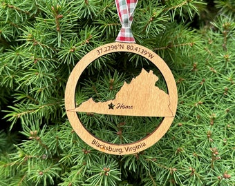 Blacksburg Virginia - Wood Ornament - Virginia Tech Hokies - Blacksburg Coordinates