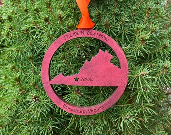Blacksburg Virginia - Maroon Holiday Ornament - Virginia Tech Hokies - Blacksburg Coordinates