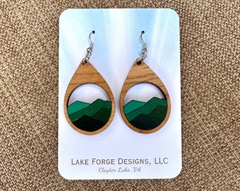 Blue Ridge Mountains - Cherry Hardwood Teardrop Earrings - Hand Painted