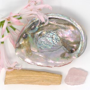 Peut inclure: Une coquille d'ormeau rose avec des couleurs irisées, un morceau de bois de palo santo et un cristal de quartz rose.