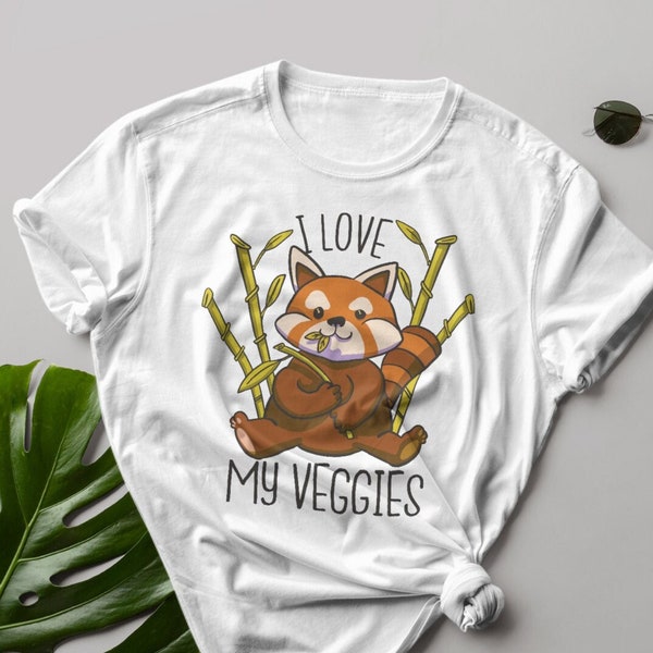 Bügelbild - Roter Panda mit Schriftzug "I love my veggies" - Bügelbild für Vegetarier und Veganer - Direkt auf Stoff pressbar