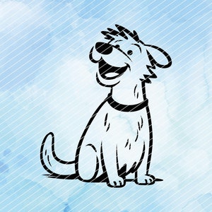 Könnte beinhalten: Schwarz-weiße Strichzeichnung eines sitzenden Hundes, der mit offenem Maul nach oben schaut. Der Hund trägt ein Halsband.