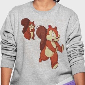 Könnte beinhalten: Ein graues Sweatshirt mit einem Cartoon-Bild von zwei Eichhörnchen. Ein Eichhörnchen steht auf seinen Hinterbeinen und das andere sitzt.