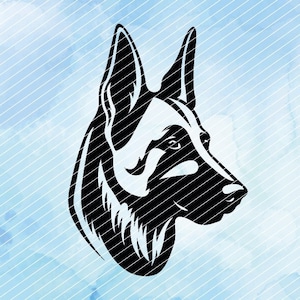 Op de afbeelding: Zwart-witte silhouet van de kop van een Duitse herder. De hond kijkt naar rechts met zijn oren omhoog.