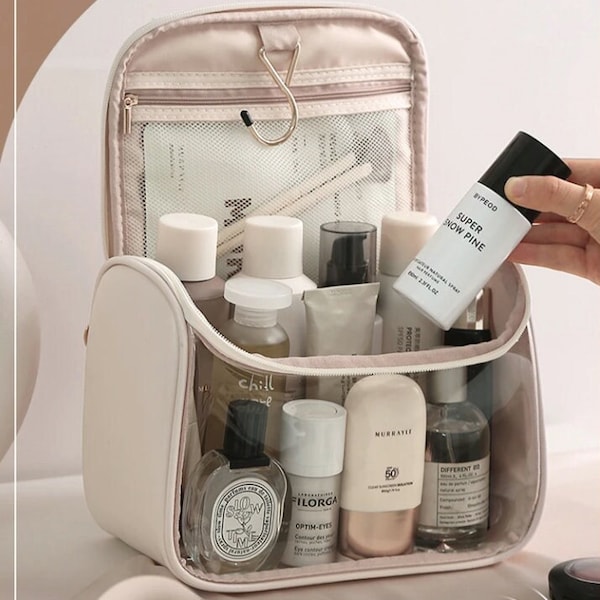 Sac de maquillage de voyage transparent avec cintre, organisateur de cosmétiques de toilette de grande capacité, pochette de maquillage mignonne, cadeau pour lui et elle, essentiel de voyage