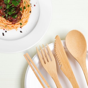 Reusable Bamboo Cutlery Set - 100% Biodegradable - Includes Spoon, Fork, Knife & Chopsticks - High Quality Washable Zero Waste Full Size