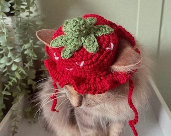 Crochet fruit hat for cats - Strawberry or lemon. Pet gifts and costume.