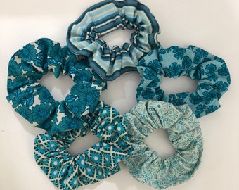 Blue Teal Turquoise Floral themed Pattered print 100% cotton hair Scrunchies Stocking Filler Christmas