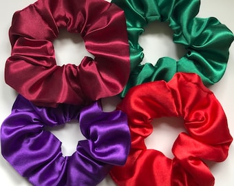 Set of 4 1980s Retro Vintage Festival Premium Satin Hair Scrunchies in Beautiful Colours Maroon Purple Red Green