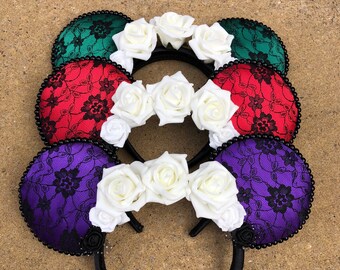 Gothic Floral lace Disney Mickey Mouse Ears Red Green Purple Satin Black Lace White Cream Black Rose
