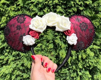 Halloween Gothic style Dark Red floral Mickey Mouse Ears Red Cream White Roses Black Lace
