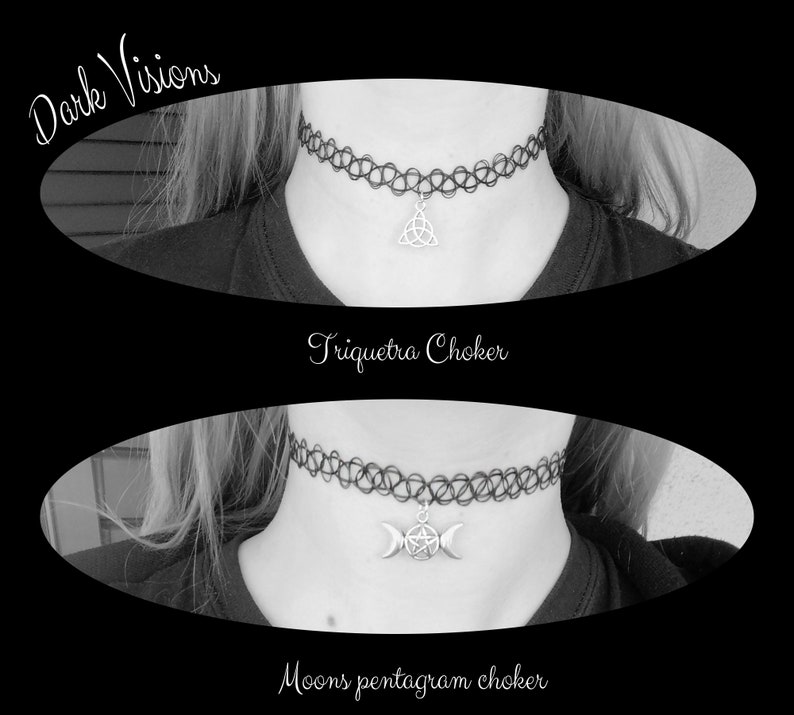 moon choker Black halloween choker gothic choker triquetra choker retro choker tattoo choker Stretchy witchy made to order choker
