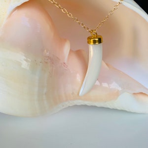 White Mother of Pearl Tusk Necklace, Tusk Necklace, Tooth Necklace, 14k Gold Filled Cable Chains, Statement Necklace for layering