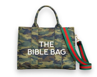 Camouflage Canvas Bible Tote Bag: Christian Book Bag, Multi-Pocket