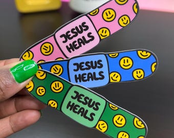 Pegatina de Jesús sanando curita: vinilo de fe cristiana