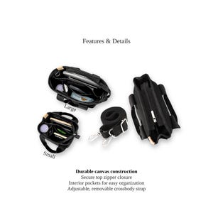 May include: Black canvas tote bags, shown open to display interior pockets and contents. The image shows a large and small bag, a crossbody strap, and text that reads "Features & Details" and "Durable canvas construction".