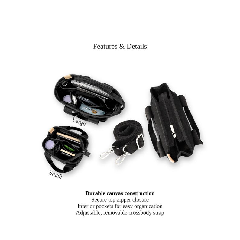 May include: Black canvas tote bags, shown open to display interior pockets and contents. The image shows a large and small bag, a crossbody strap, and text that reads "Features & Details" and "Durable canvas construction".