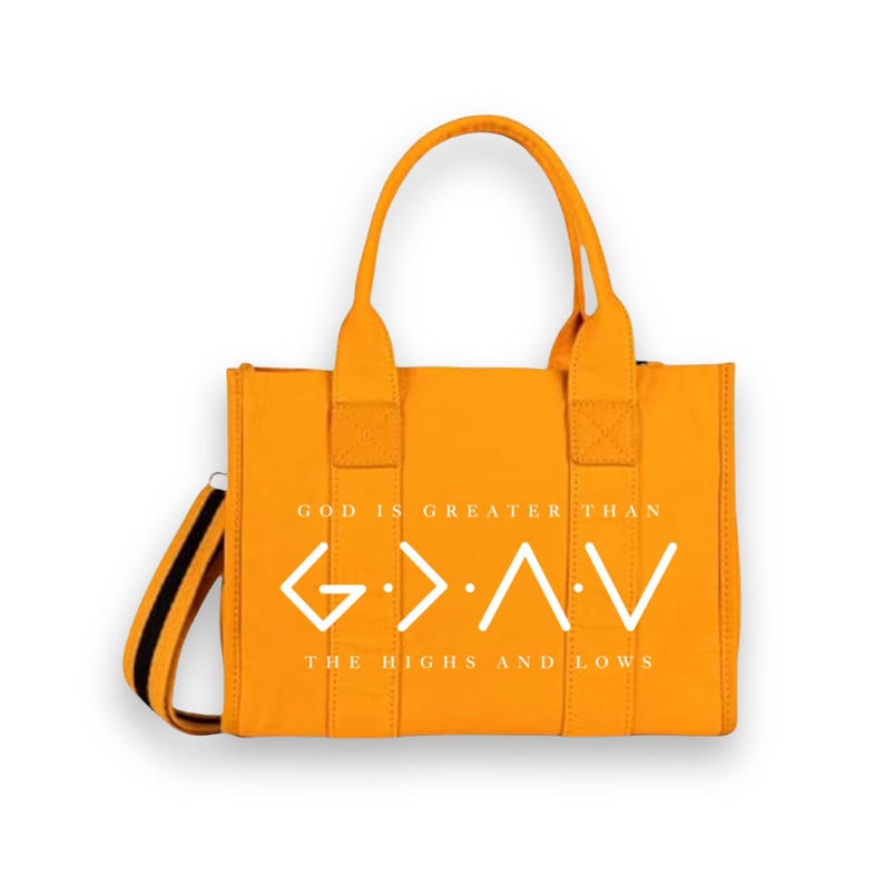 Christian Tote Bag, God Is Greater Than Highs and Lows, Bible Study Marigold