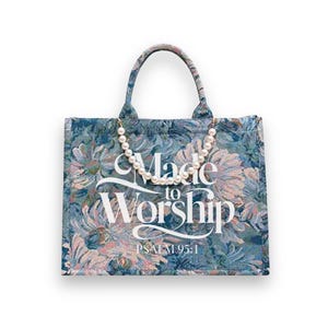 Made to Worship Tote Bag, Christian Bible Bag with Pearl Chain