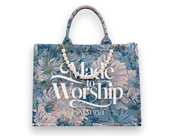Made to Worship Tote Bag, Christian Bible Bag with Pearl Chain