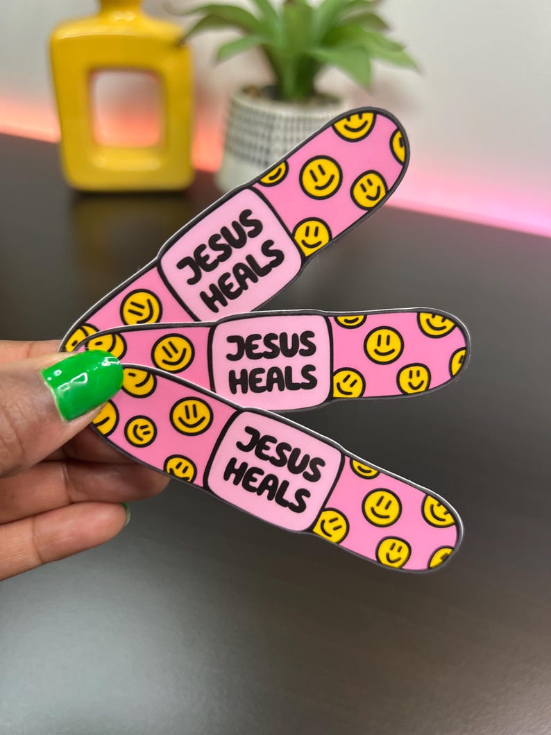 Jesus Heals Bandaid Sticker: Christian Faith Vinyl Decal 3-Pack Pink