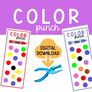 Może przedstawiać: Cyfrowy plik do pobrania do aktywności z dziurkaczem do kolorów. Obrazek przedstawia dwie karty z kółkami w różnych kolorach, czerwony i niebieski kredkę oraz dziurkacz. Tekst na kartach brzmi "Color Punch" i kolory kredek.