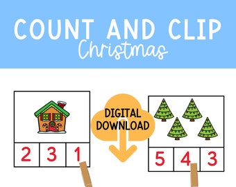 May include: A printable Christmas-themed counting activity for kids. The image shows a gingerbread house and a set of Christmas trees with a number of lights on each. The numbers 2, 3, 1, 5, 4, and 3 are written in red on the page. The text "COUNT AND CLIP Christmas" and "DIGITAL DOWNLOAD" are also included.