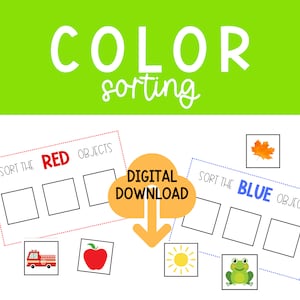 Op de afbeelding: Een afdrukbare kleur sorteeractiviteit voor kinderen. Sorteer de rode objecten en de blauwe objecten. De afbeelding toont een brandweerwagen, een appel, een zon en een kikker. Digitaal downloaden.