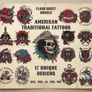 May include: A digital flash sheet bundle featuring 17 American traditional tattoo designs on a vintage paper background. The collection includes illustrations of skulls, panthers, eagles, roses, daggers, and anchors with text like Flash Sheet Bundle.