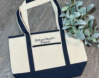 Embroidered Canvas Tote Bag, Custom Monogram, Pocket Beach Bag