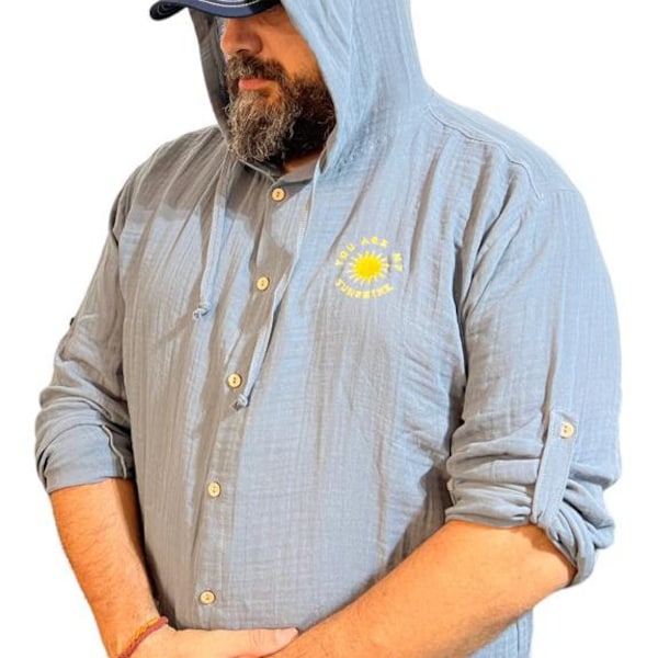 Custom Made Monogramed Hooded Muslin Shirt, Mens hooded t-shirt,  Linen hoodie, Shirt for men, Gift for him, Cotton Long Sleeve Hooded.