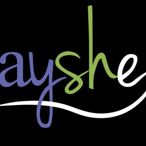 May include: Ayshe is written in a stylized font with purple, green, and white lettering. The letters are connected by a white line.