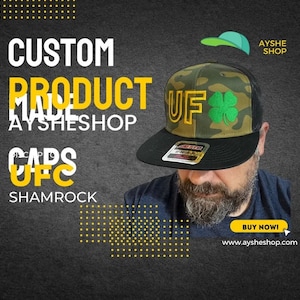 May include: A black and green camouflage trucker hat with a black mesh back. The hat has a green shamrock and the letters "UF" in yellow on the front. The hat is worn by a person with a beard. The text "Ayshe Shop" is in the top right corner of the image.