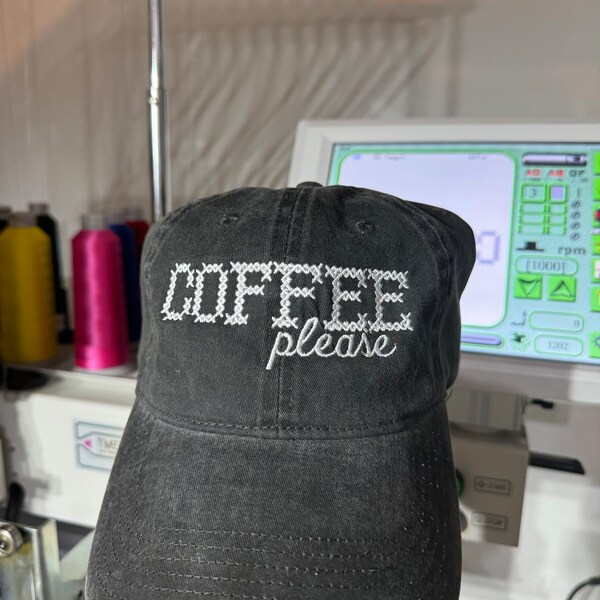 Custom Embroidered Hat , Embroidery Logo baseball hat , Personalized Dad Cap, Your own text monogram , Coffee please , Small business Merch