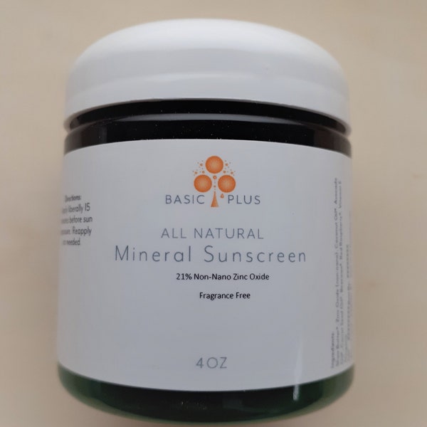 Mineral sunscreen with non-nano zinc oxide and other natural sun protection ingredients including carrot seed oil and red raspberry oil.