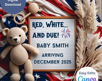 Red White and Due Pregnancy Announcement, Letter Board Template (Digital Download)